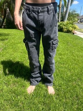 MNML 100% Cotton Washed Black Cargo Pants 30